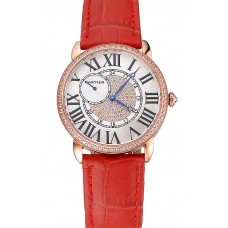 Replica Cartier Ronde Louis Gold Diamond Case White Dial Red Leather Bracelet 1454005