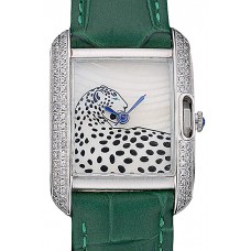 Replica Cartier Tank Anglaise White Tiger Dial Diamonds Steel Case Green Leather Bracelet
