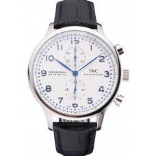 Replica Cheap Swiss IWC Portugieser Power Reserve White Dial Stainless Steel Case Black Leather Strap