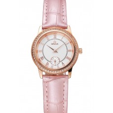 Replica Fashion Omega De Ville Prestige Small Seconds White Dial Diamond Bezel Rose Gold Case Pink Leather Strap