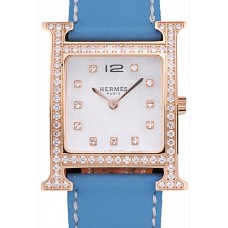 Replica Hermes Heure H Rose Gold Diamond Encrusted Bezel Blue Leather Strap White Dial 80238