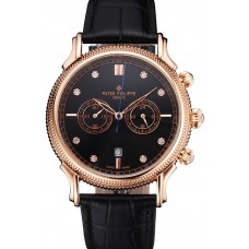 Replica High Quality Patek Philippe Chronograph Black Dial With Diamonds Rose Gold Case Black Leather Strap