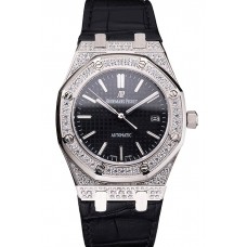 Replica Luxury Swiss Audemars Piguet Royal Oak Black Dial Steel Case With Diamonds Black Leather Strap