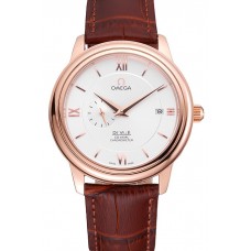 Replica Omega De Ville Prestige Co-Axial White Dial Rose Gold Case Brown Leather Strap Roman Numeral