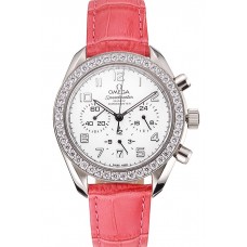 Replica Omega Speedmaster White Dial Stainless Steel Case Diamond Bezel Pink Leather Strap