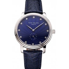 Replica Patek Philippe Calatrava Blue Guilloche Dial Stainless Steel Case Blue Leather Strap