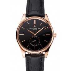 Replica Patek Philippe Calatrava Date Black Dial Rose Gold Case Black Leather Strap