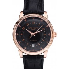Replica Patek Philippe Swiss Calatrava Ribbed Bezel Black Dial Black Leather Strap 7651