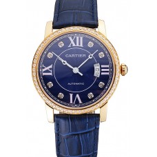 Replica Swiss Cartier Ronde Solo Blue Dial Gold Diamond Case Blue Leather Strap