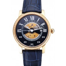 Replica Swiss Cartier Rotonde Small Complication Blue Dial Gold Diamond Case Blue Leather Strap
