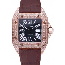 Replica Swiss Cartier Santos Black Dial Diamonds Case Brown Leather Bracelet 622550
