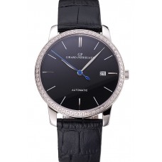 Replica Swiss Girard-Perregaux 1966 Black Dial Silver Diamond Case Black Leather Strap