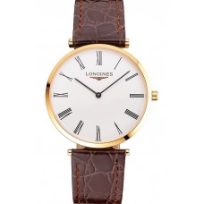 Replica Swiss Longines Grande Classique White Dial Roman Numerals Gold Case Brown Leather Strap
