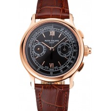 Replica Swiss Patek Philippe 5170J Chronograph Black Dial Rose Gold Case Brown Leather Strap