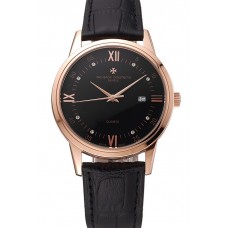 Replica Vacheron Constantin Patrimony Chronometre Royal Black Dial Rose Gold Case Black Leather Strap