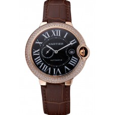 Swiss Cartier Ballon Bleu Diamond Case Black Dial Brown Leather Bracelet 622679