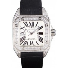 Swiss Cartier Santos Silver Bezel with Diamonds and Black Leather Strap sct47 621531