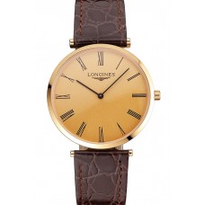 Swiss Longines Grande Classique Gold Dial Roman Numerals Gold Case Brown Leather Strap