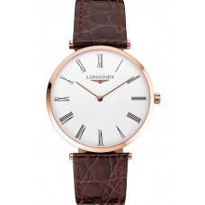 Swiss Longines Grande Classique White Dial Roman Numerals Rose Gold Case Brown Leather Strap