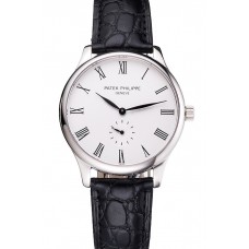 Top Patek Philippe Calatrava White Dial Stainless Steel Case Black Leather Strap